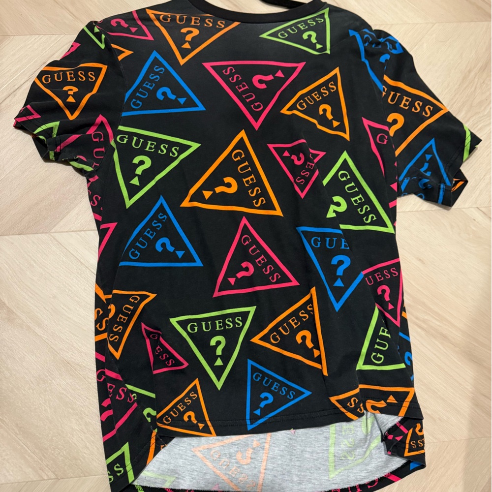 Guess Black Short Sleeve Tee with Neon Logo Triangles